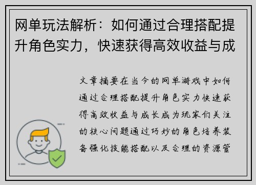 网单玩法解析：如何通过合理搭配提升角色实力，快速获得高效收益与成长